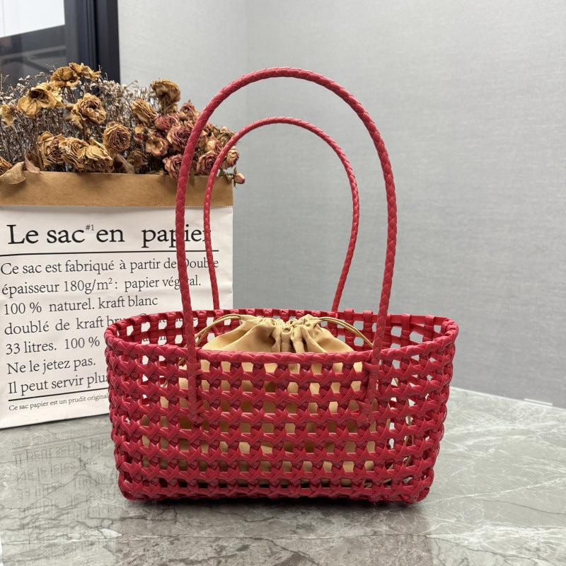 Candy Color Hollow Woven One-Shoulder Beach Bag