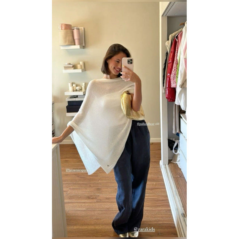 2025 Design Irregular Cape Shawl Sun Protection Shirt Women'S Season Loose Lazy Thin Ice Silk Knitted Sweater Top