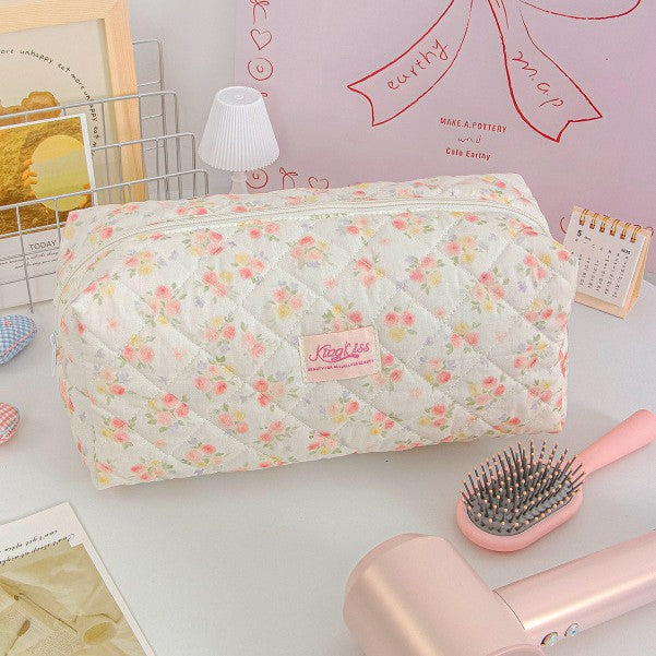 Vertical Stripe Red Strawberry Cotton Cosmetic Bag