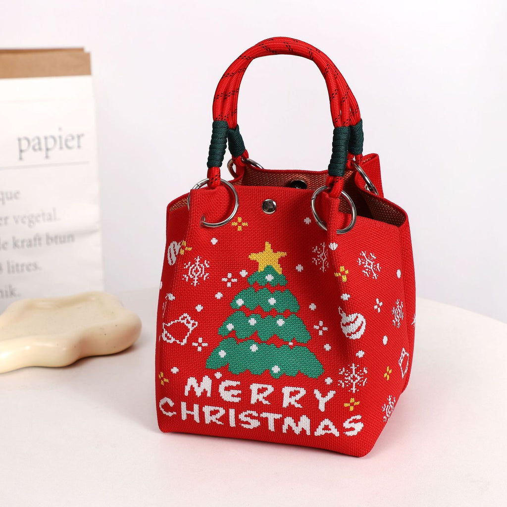 Christmas Knitted Mini Bucket Bag with Rope Handles