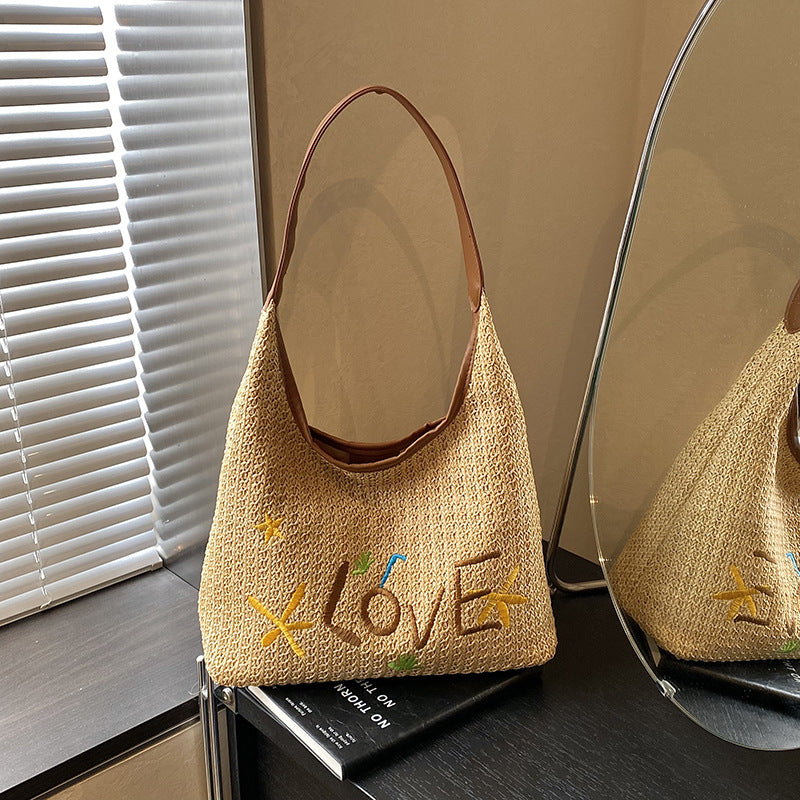 Women Korean Letter Woven Straw 2026 New Relaxed Large Beach Shoulder Tote Bag