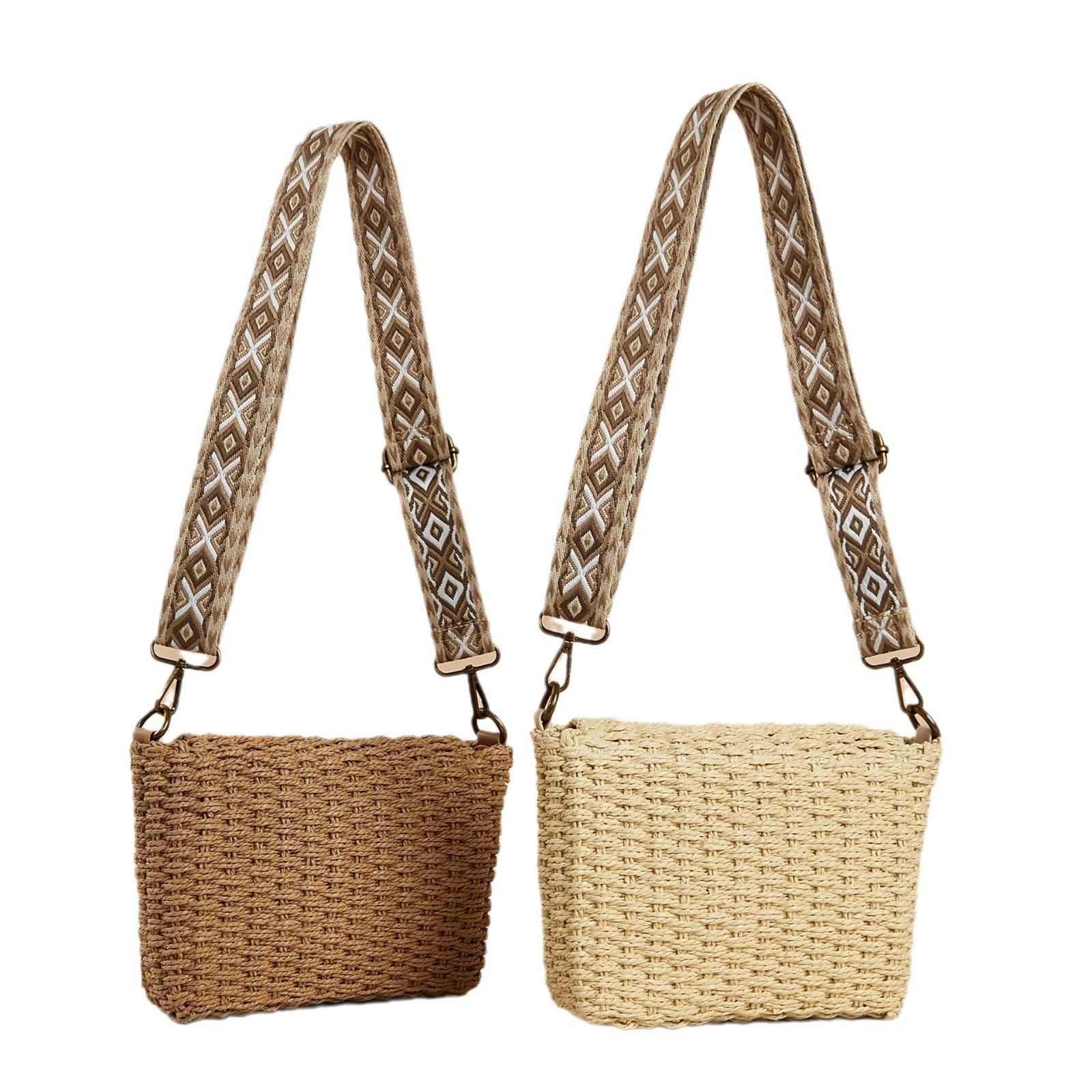 Printed Webbing Straw Flip Hand Beach Bag