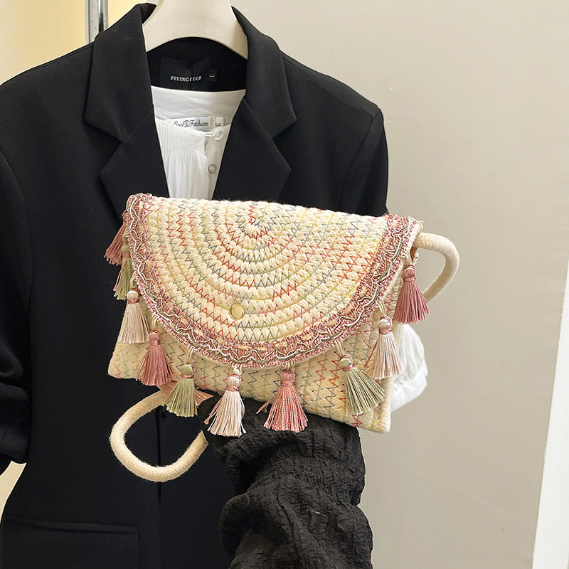 Ethnic Tassel Straw Envelope Crossbody Bag