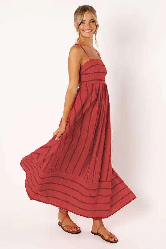 Striped Suspender Backless Large Swing Fresh Dress