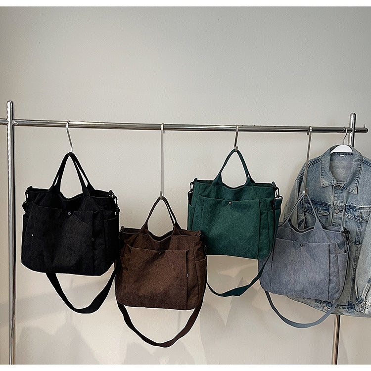 Corduroy Multi-Pocket Convertible Shoulder Tote Bag