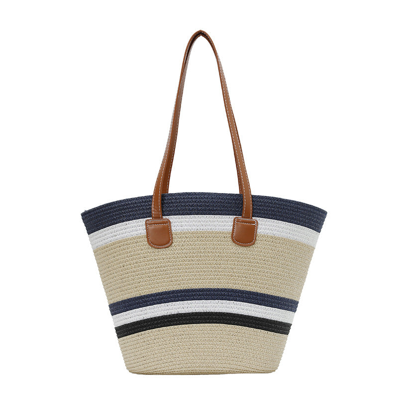Color-Block Striped Large Capacity Straw Beach Tote