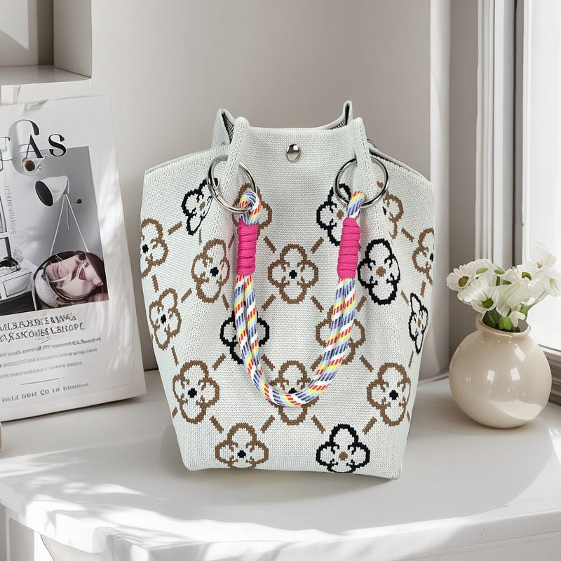 Graphic Jacquard Ring Handle Bucket Tote Bag