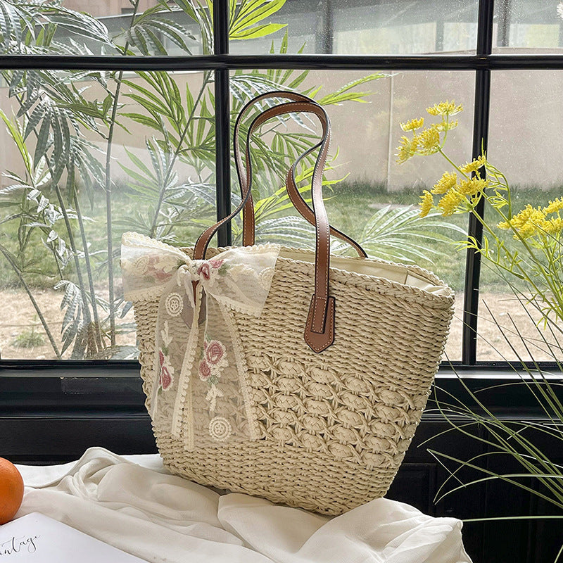 Korean Straw Large Versatile Minimalist Handmade Hollow Woven Beach Bag