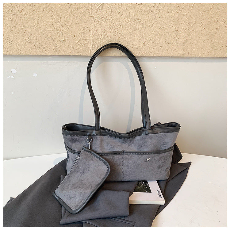 Soft Faux Suede Shoulder Tote Bag with Matching Pouch