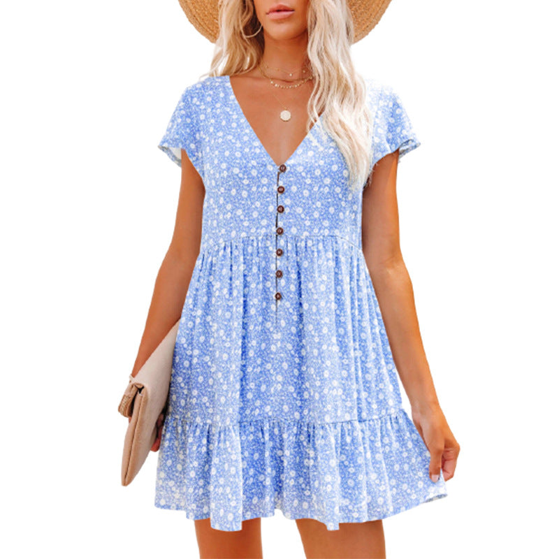 V-Neck Button Floral Short-Sleeve Loose Casual Dress