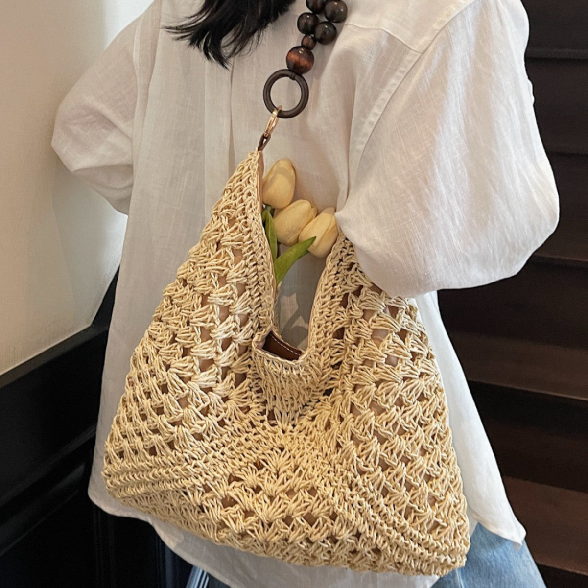 Women Summer Hollow Straw 2026 New Vintage Wood Bead Shoulder Beach Bag