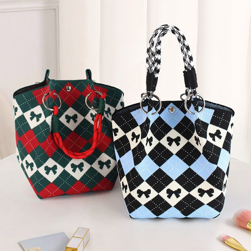 Checkerboard Bow Motif Ring Handle Bucket Tote Bag