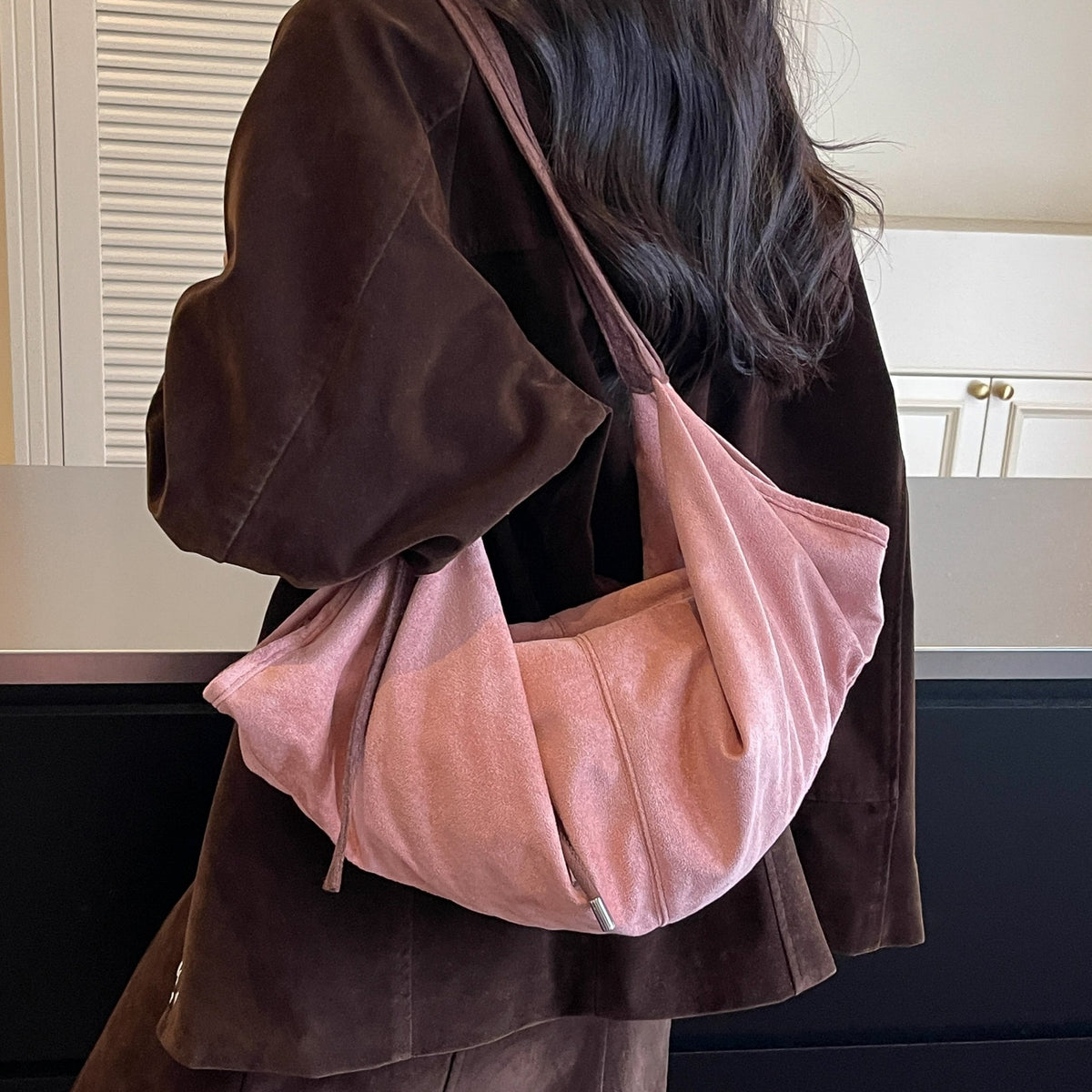 Soft Suede Look Slouchy Hobo Shoulder Bag