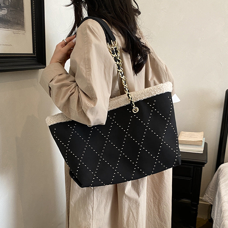 Sherpa Trim Quilted Shoulder Tote Bag