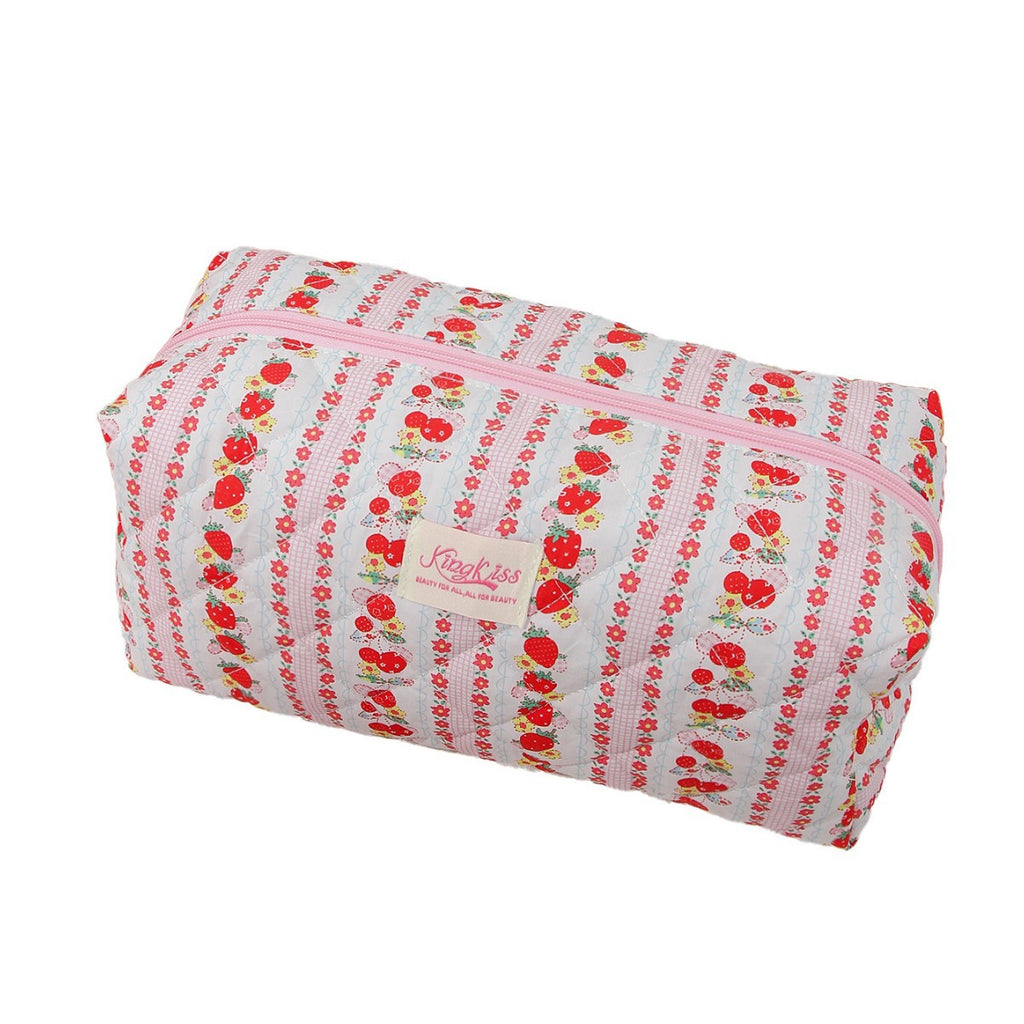 Vertical Stripe Red Strawberry Cotton Cosmetic Bag