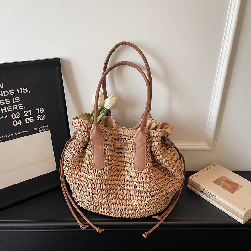 Women 2026 New Shoulder Straw Large Handmade Woven Beach Daily Bag