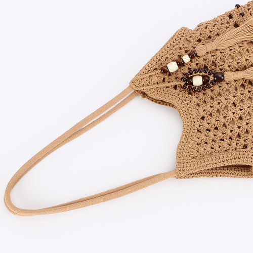 Boho Hand Crocheted Cotton Shoulder Tote with Beaded Tassel
