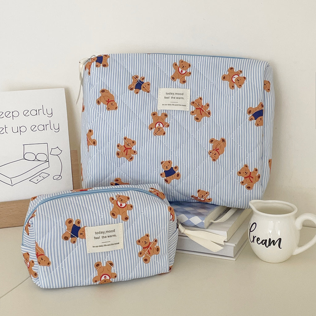 Striped Bear Large Capacity Quilted Cosmetic Bag