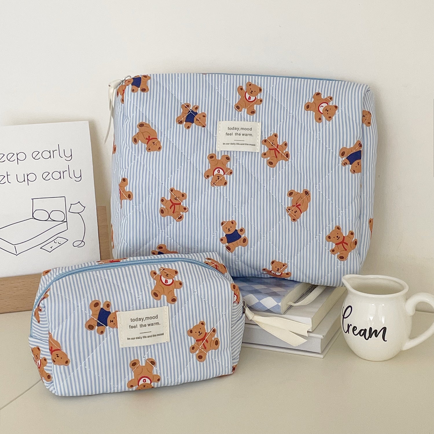 Striped Bear Large Capacity Quilted Cosmetic Bag