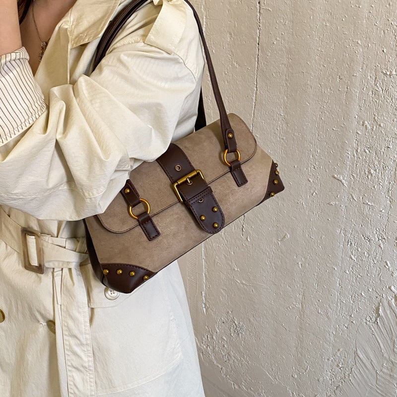 Chic Studded Suede Shoudler Bag with Buckle Detail