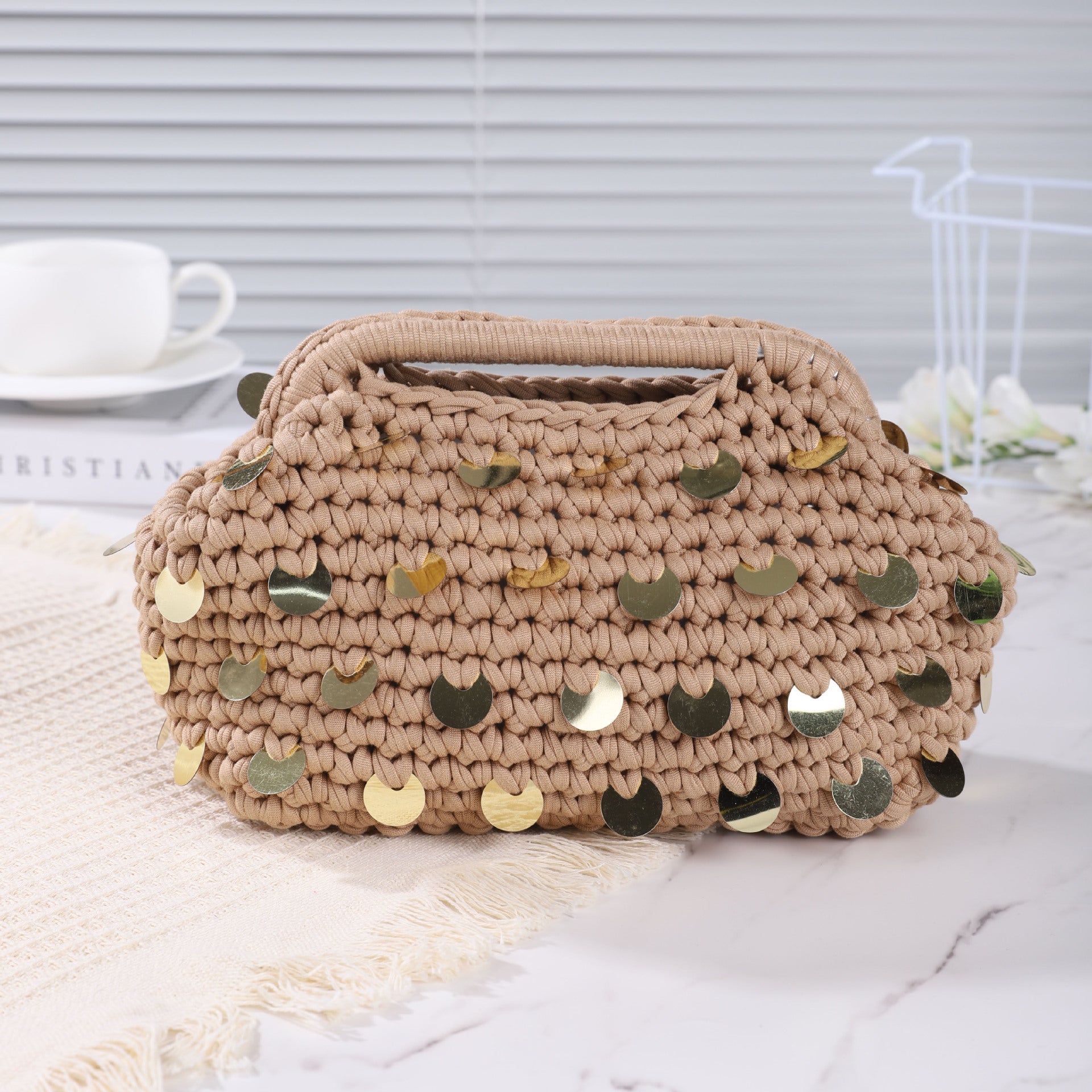 Boho Handwoven Sequin Crochet Top Handle Clutch Bag