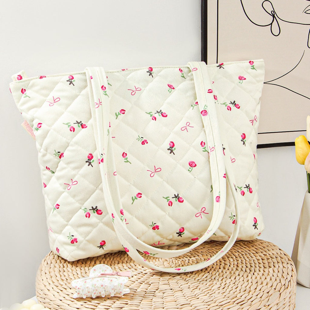 Quilted Cotton Flower Lipstick Tote Bag