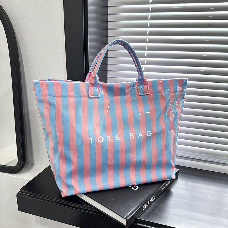 Striped PVC Canvas Large Capacity Tote Bag