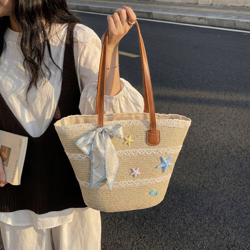 Women New Straw Picnic Woven Beach Handheld Tote Bag