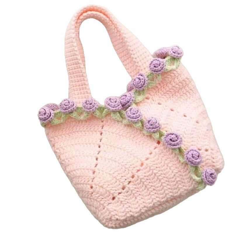 Rose Hand Knitting Yarn Crochet Woven Floral Bouquet Bag