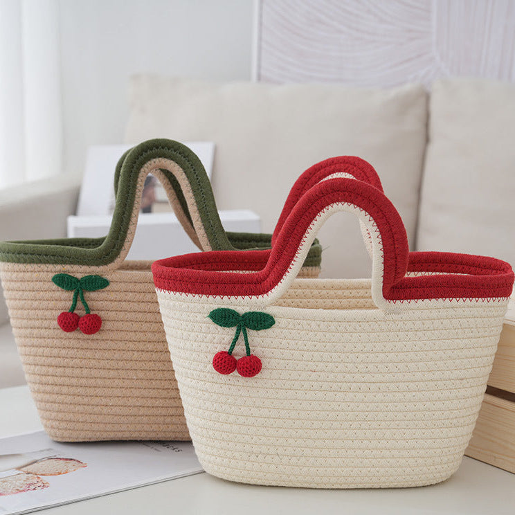 Cotton Rope Woven Cherry Picnic Handbag