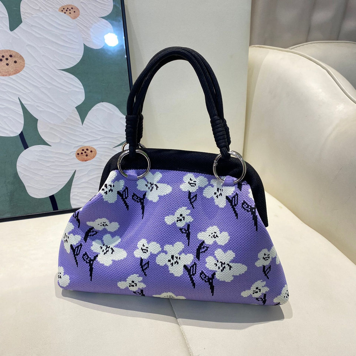 Retro Houndstooth Knitted Dumpling Style Tote Handbag