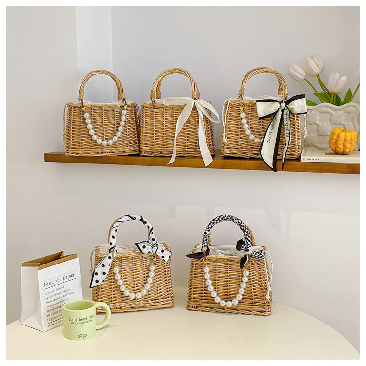 Handwoven Rattan Straw Pearl Beach Bag
