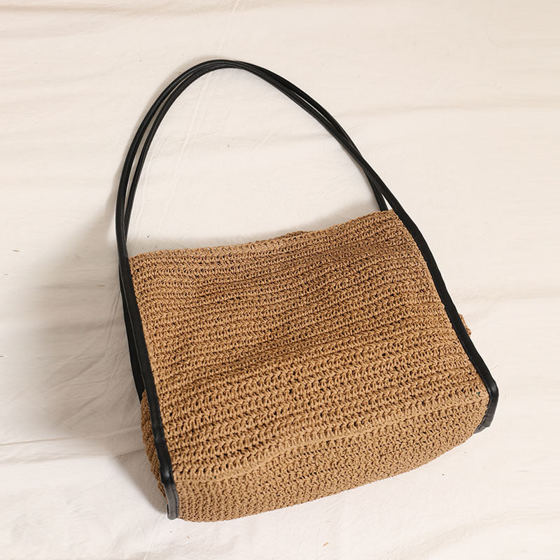 Women Large Shoulder Straw New Square Solid Woven Beach Bag