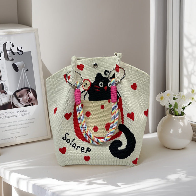 Graphic Jacquard Ring Handle Bucket Tote Bag
