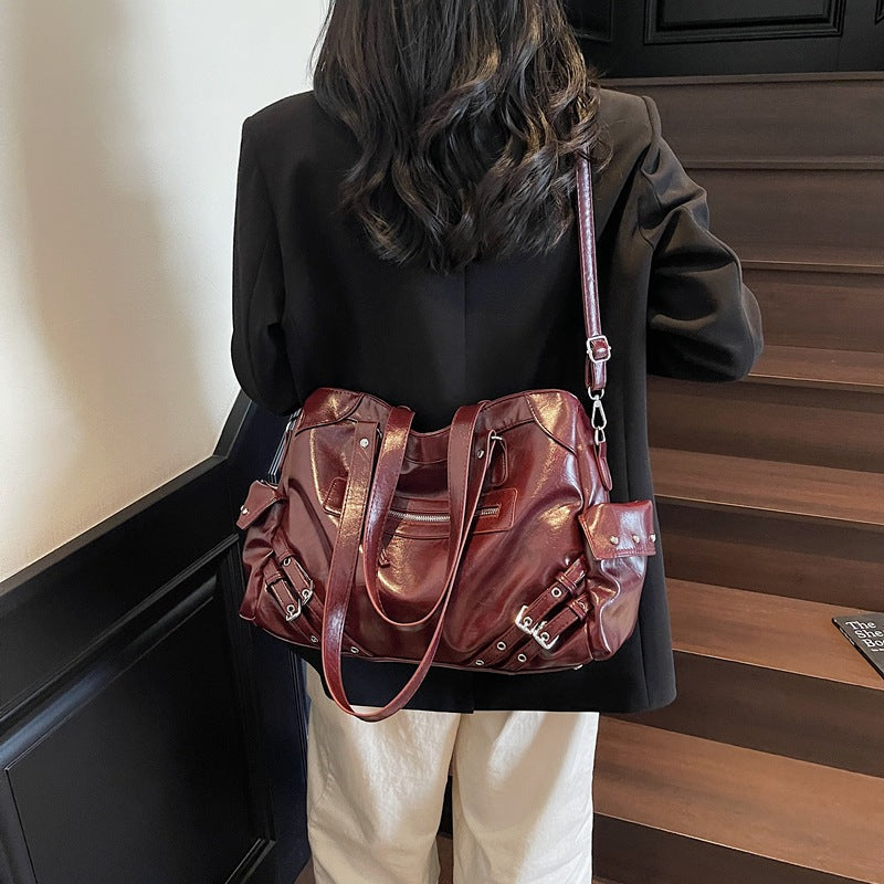 Retro Glossy Faux Leather Tote Bag with Multiple Pockets
