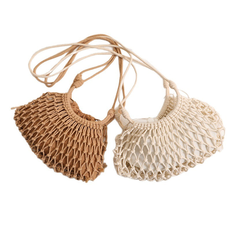 Solid Color Cotton Crossbody Hollow Mesh Straw Beach Bag