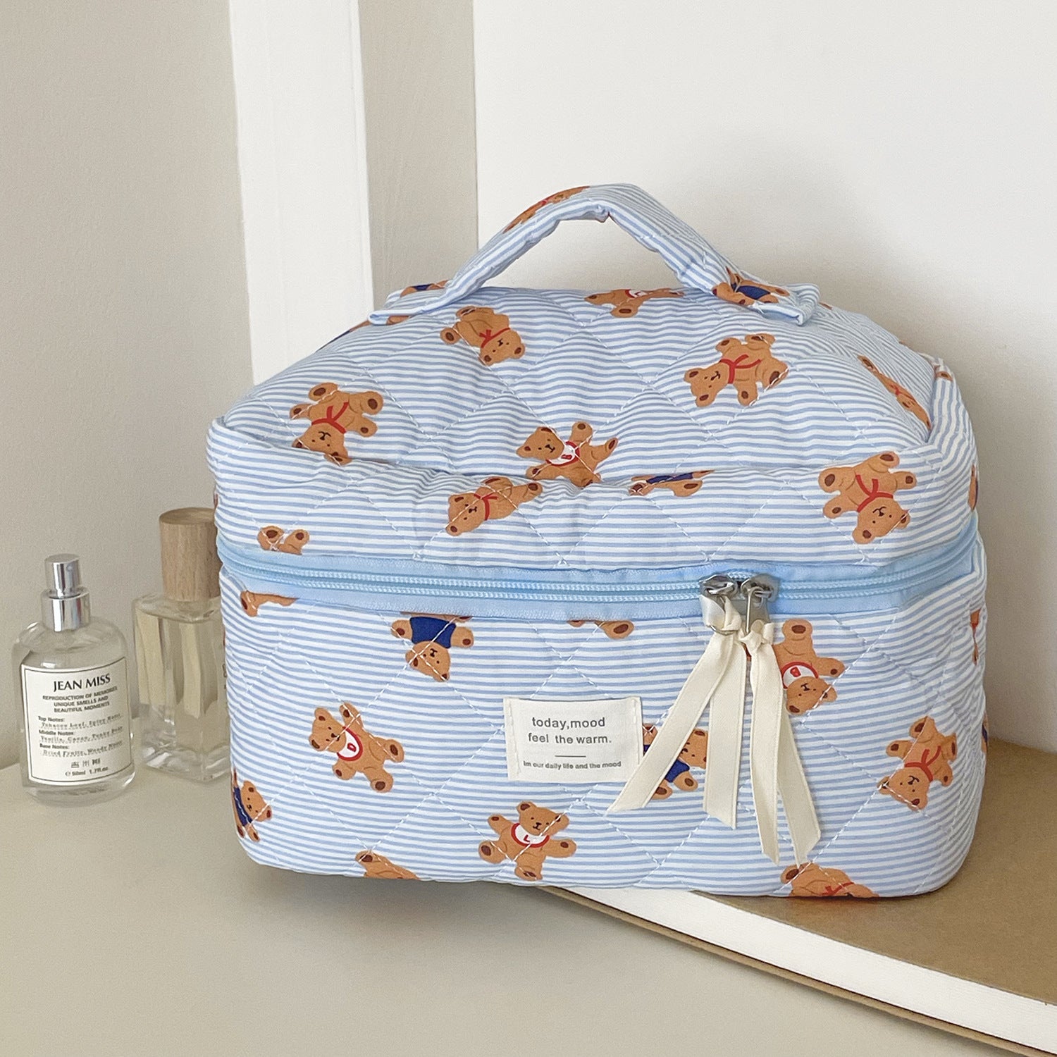 Striped Bear Large Capacity Quilted Cosmetic Bag