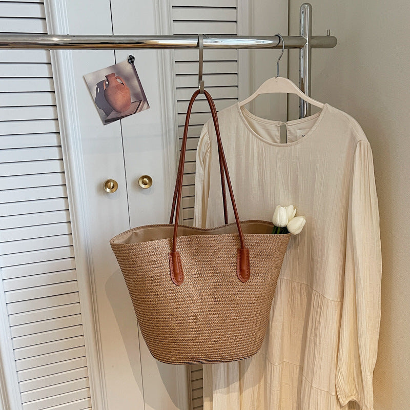 Women Trendy Shoulder Straw New Large Woven Beach Handheld Tote Bag