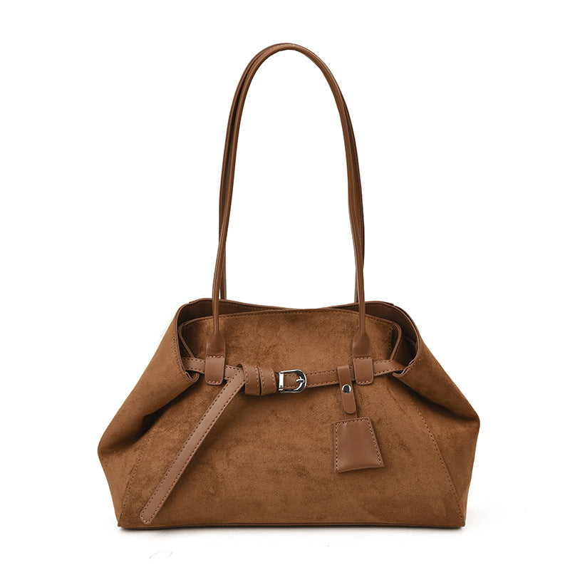 Belted Suede Structured Large Magnetic Snap Tote Bag