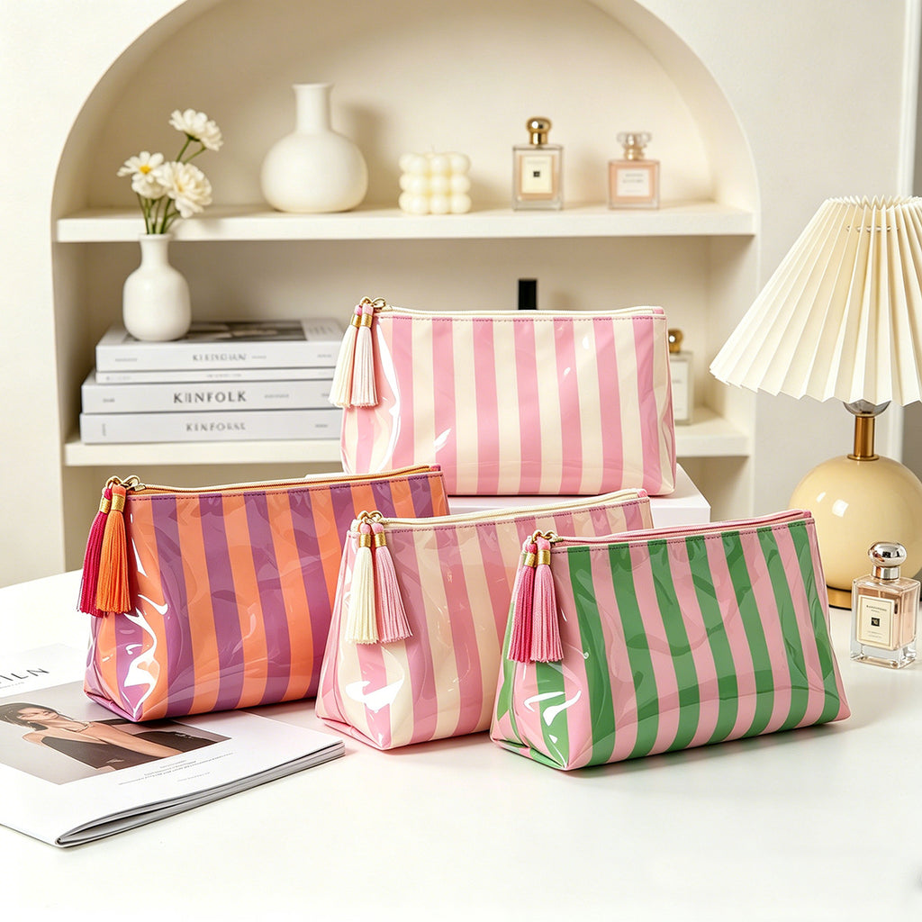 Glossy Striped PVC Tassel Travel Cosmetic Bag