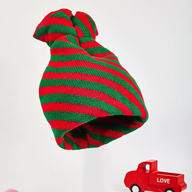 Christmas Knit Elf Hats Striped Pom Poms Beanies