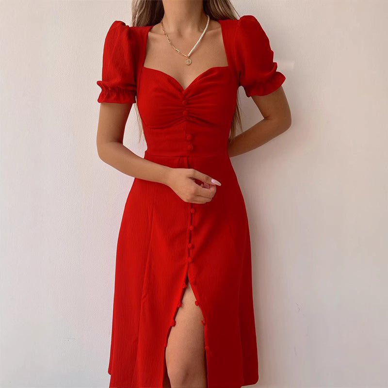 V-Neck Single-Breasted Mid-Length Dress