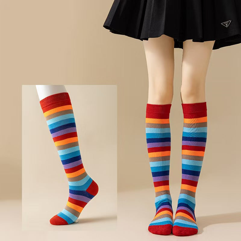 colorful striped cosplay holiday party mid calf rainbow calf socks