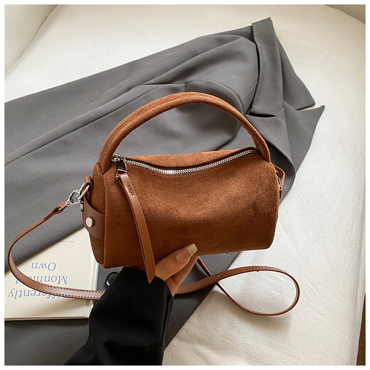 Vintage Faux Suede Mini Boston Handbag with Detachable Strap