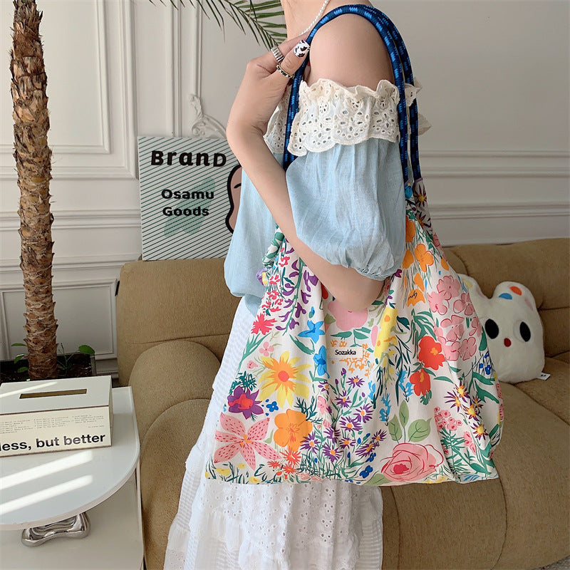 Korean Large Capacity Drawstring Floral Tote Bag
