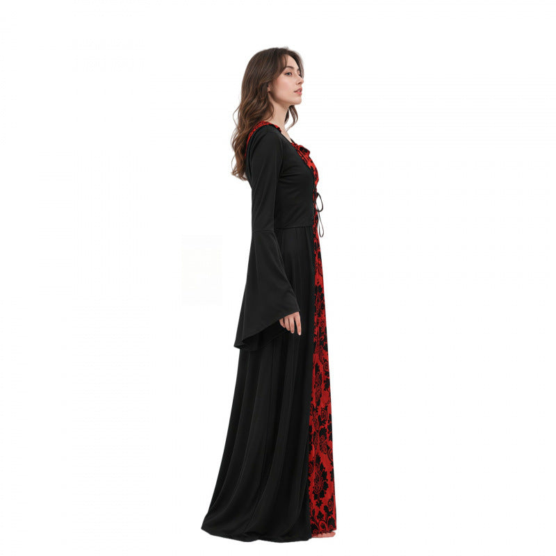 Halloween Gothic Medieval Maxi Dress with Red Brocade Panel