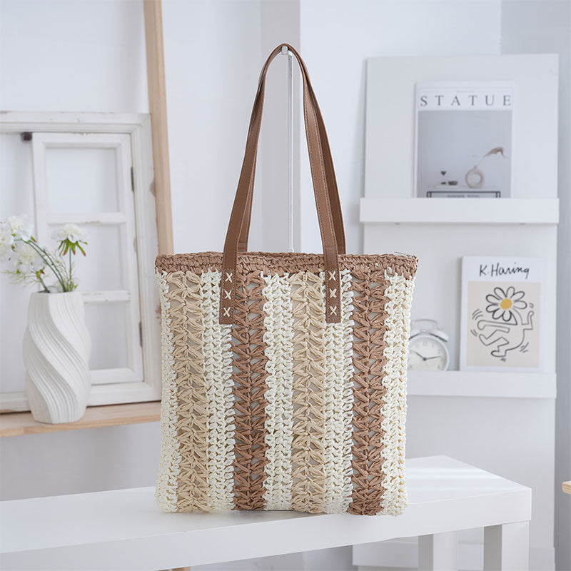 Casual Woven Striped Long Shoulder Handles Tote Bag