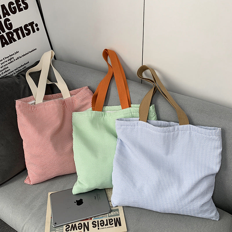 2026 Women Color Block Striped Canvas Tote Bag