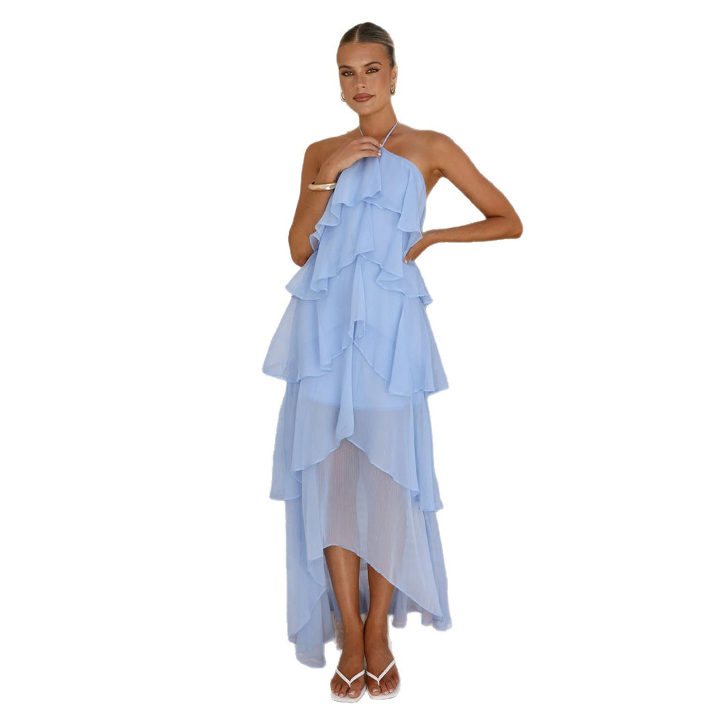Ruffled Elegant Halter Neck Cake Chiffon Dress