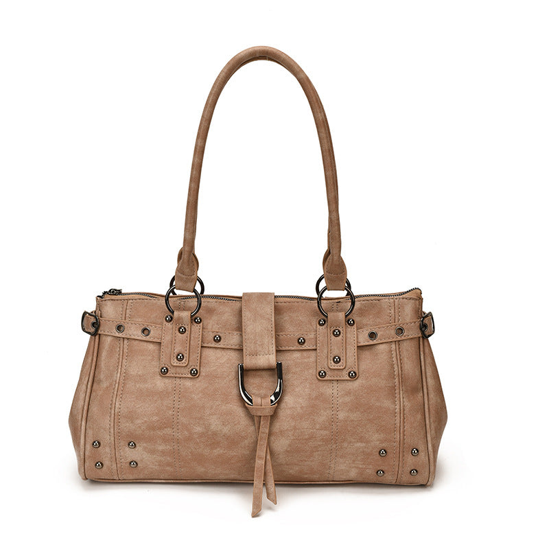 Structured PU Leather Shoulder Tote Bag with Rivet Detail